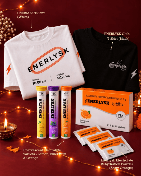 ENERLYSK Diwali Hamper 2 — 3 Electrolyte Tubes + Sachet Box (10) + T-Shirt
