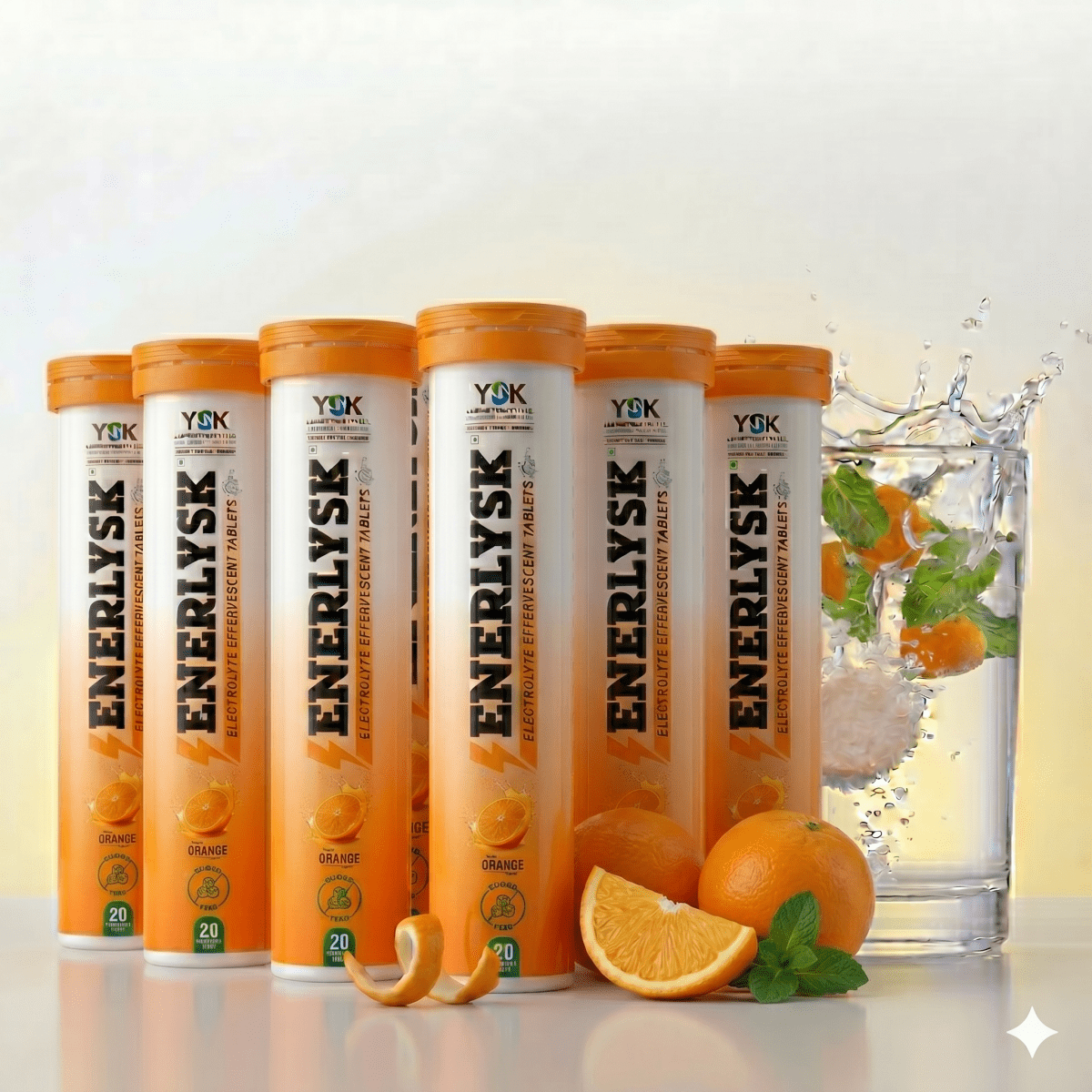 ENERLYSK orange electrolyte tablets effervescent dissolving water glass close-up