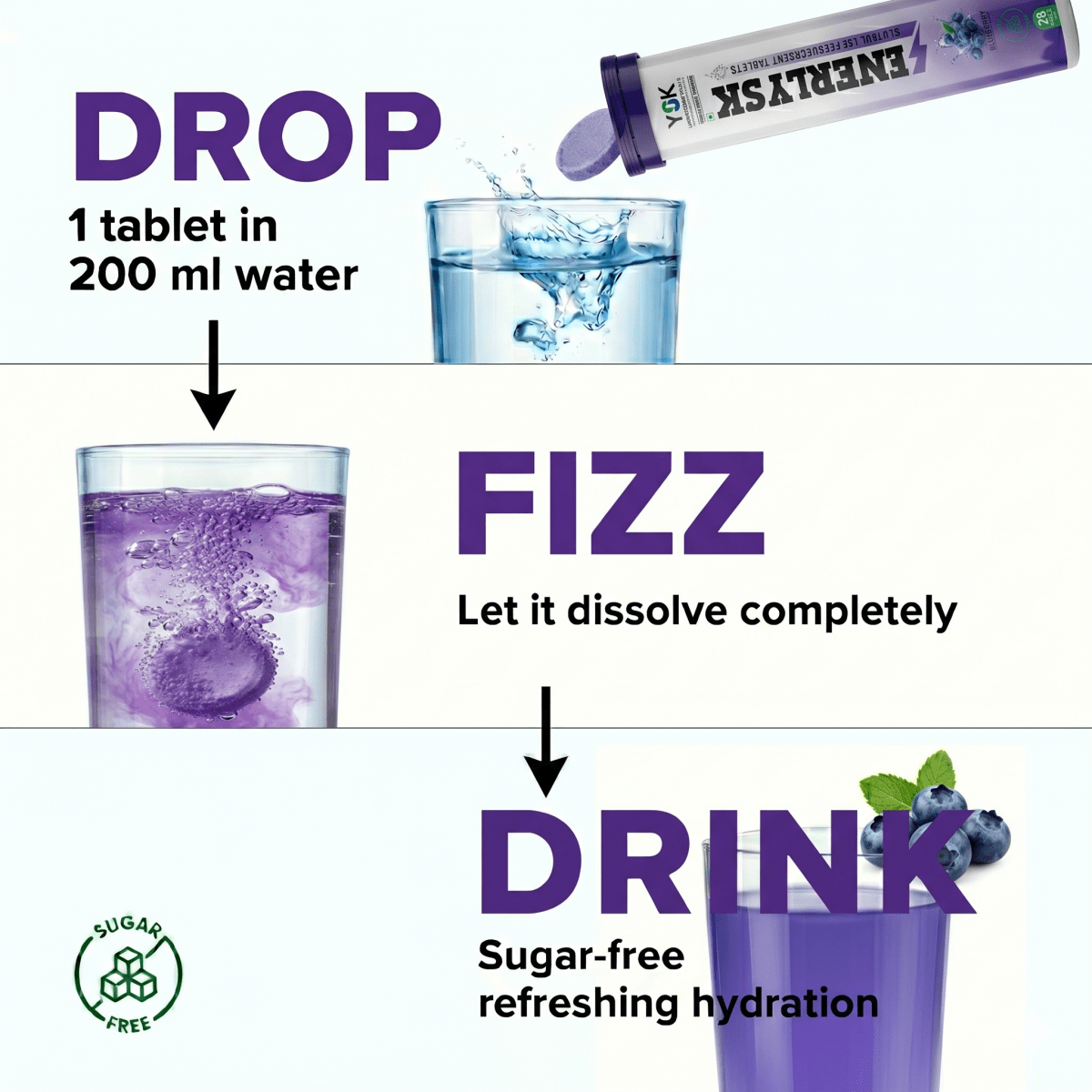 Sugar Free Electrolyte Effervescent Tablets| Breezy Blueberry | ENERLYSK - ENERLYSK
