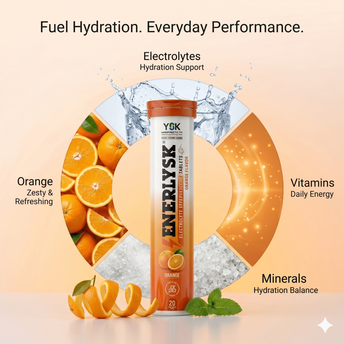 ENERLYSK orange electrolyte supplement tube India caffeine-free gym