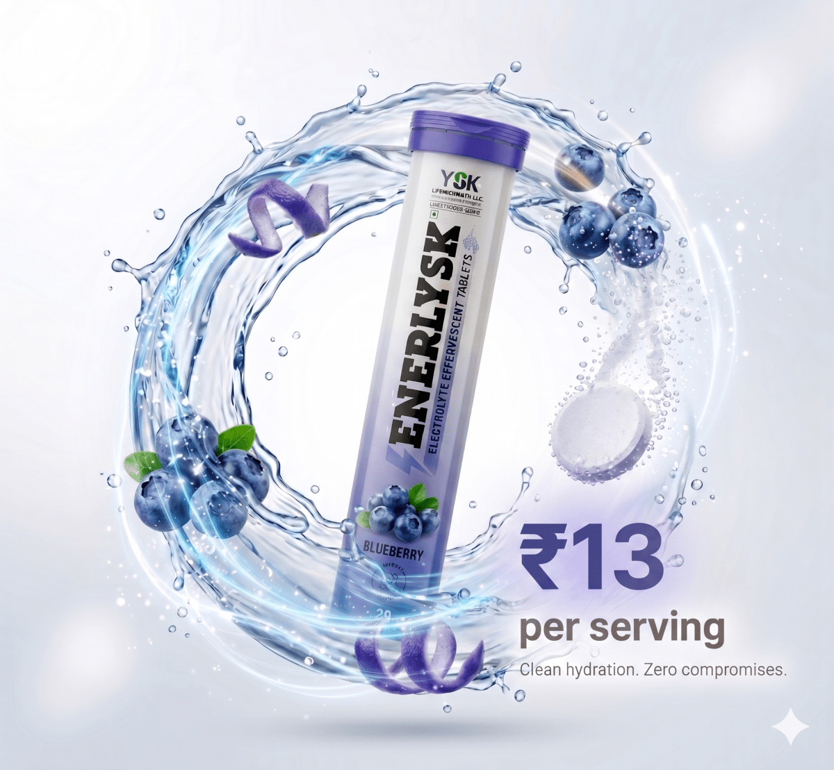 Sugar Free Electrolyte Effervescent Tablets| Breezy Blueberry | ENERLYSK - ENERLYSK