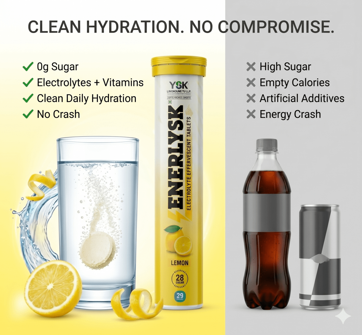 Sugar Free Electrolyte Effervescent Tablets | Refreshing Lemon Flavor | ENERLYSK - ENERLYSK