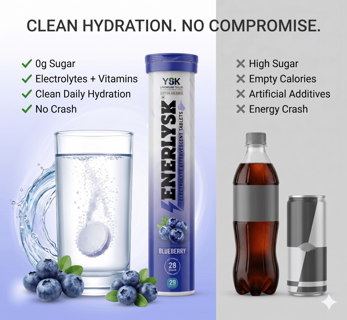 Sugar Free Electrolyte Effervescent Tablets| Breezy Blueberry | ENERLYSK - ENERLYSK