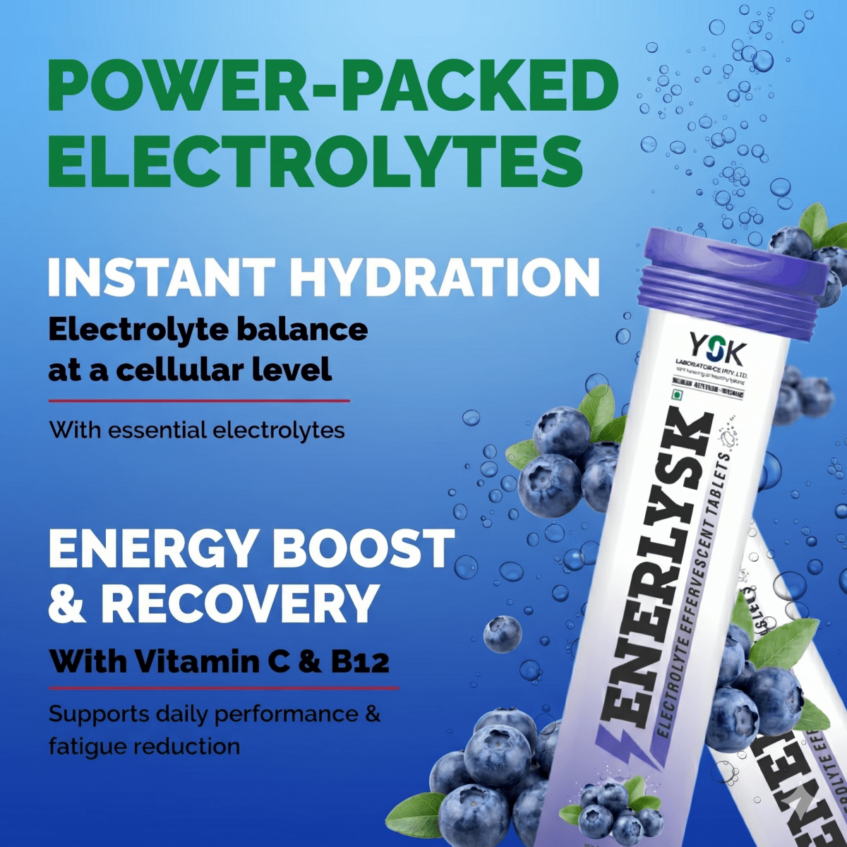 Sugar Free Electrolyte Effervescent Tablets| Breezy Blueberry | ENERLYSK - ENERLYSK