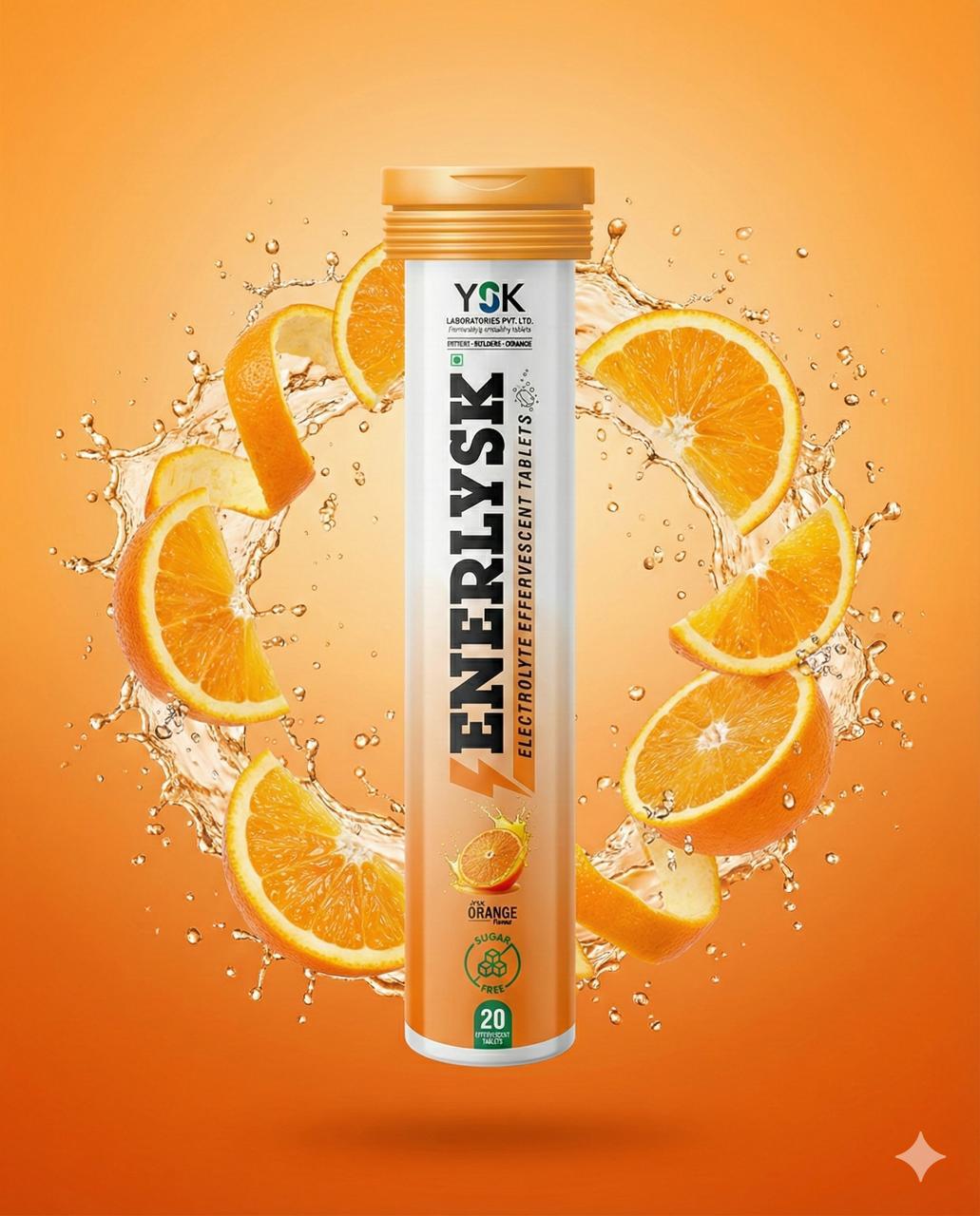 ENERLYSK orange electrolyte tube lifestyle photo sugar-free India
