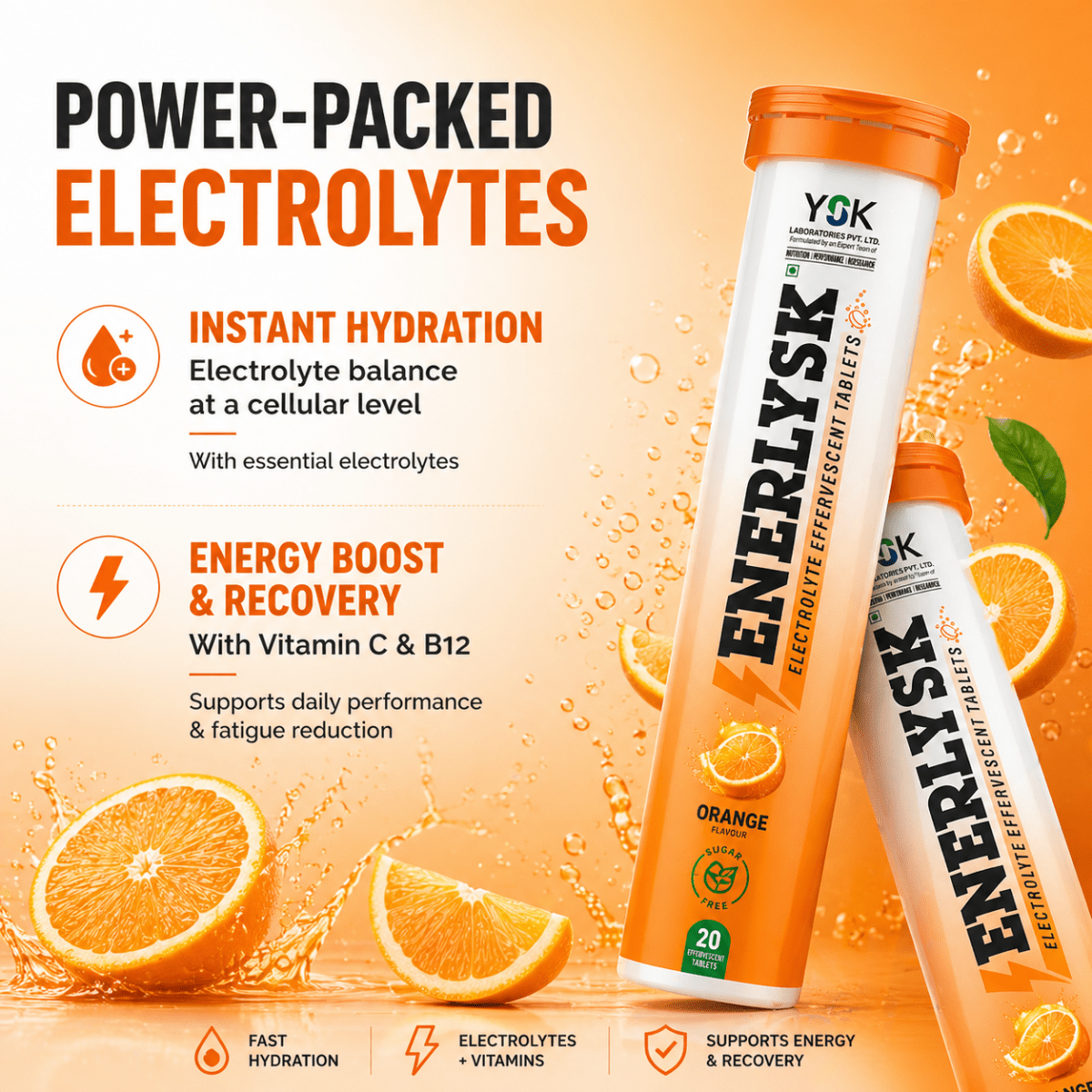 ENERLYSK orange electrolyte tablet lifestyle shot workout running India