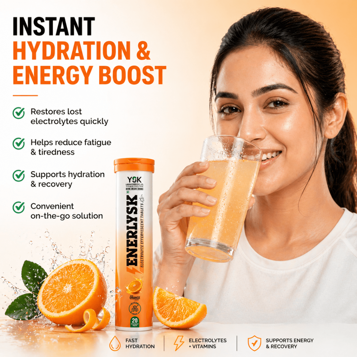 ENERLYSK orange effervescent tablets clean hydration no sugar no caffeine
